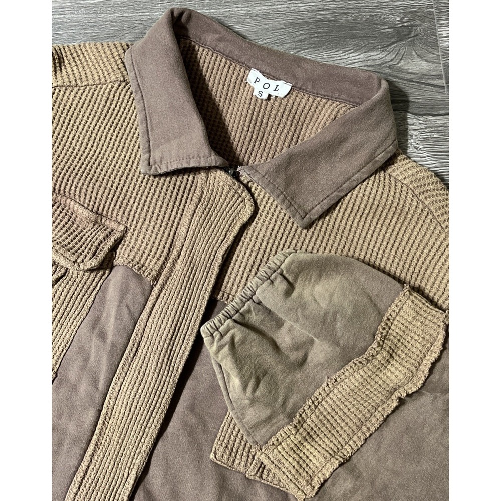 POL Women's Full Zip Raw Edges Waffle Pocket Jacket Small Teddy Bear Brown